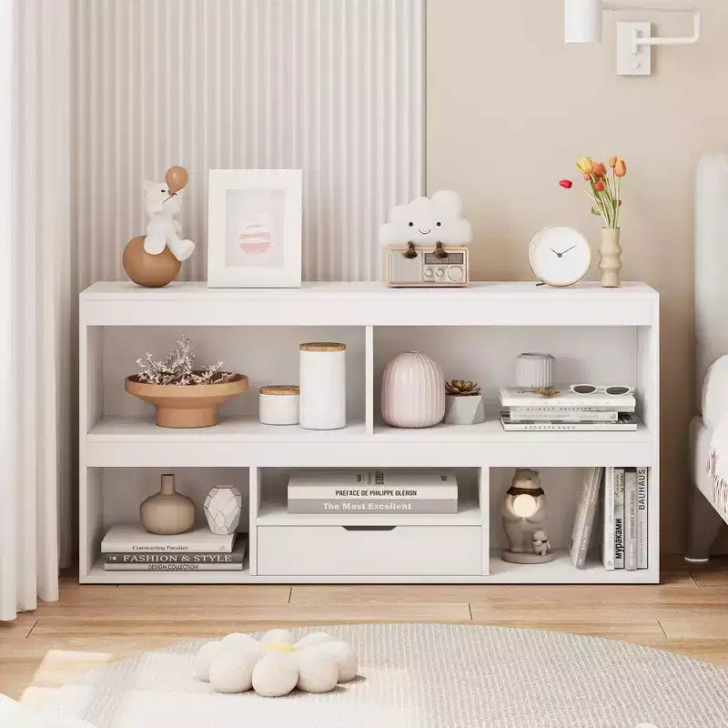 Kids Bookshelf with Drawer, Wooden Toy Storage Organizer, White Bookcase for Playroom, Classroom, Kids Room