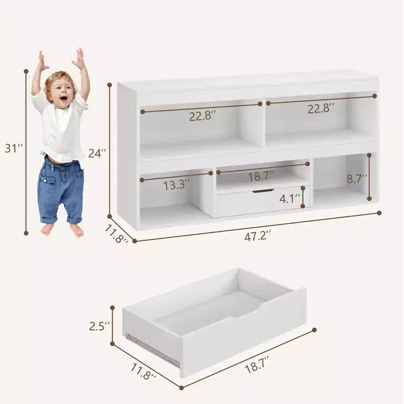 Kids Bookshelf with Drawer, Wooden Toy Storage Organizer, White Bookcase for Playroom, Classroom, Kids Room
