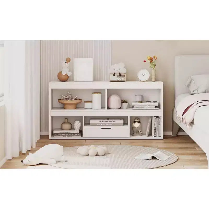 Kids Bookshelf with Drawer, Wooden Toy Storage Organizer, White Bookcase for Playroom, Classroom, Kids Room