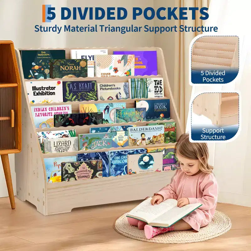 5-Tier Kids Bookshelf with Storage,Toddler Book Display Shelves, Book Rack, Multi-Functional Story Book Organizer, Painting Book Shelf for Kids Room