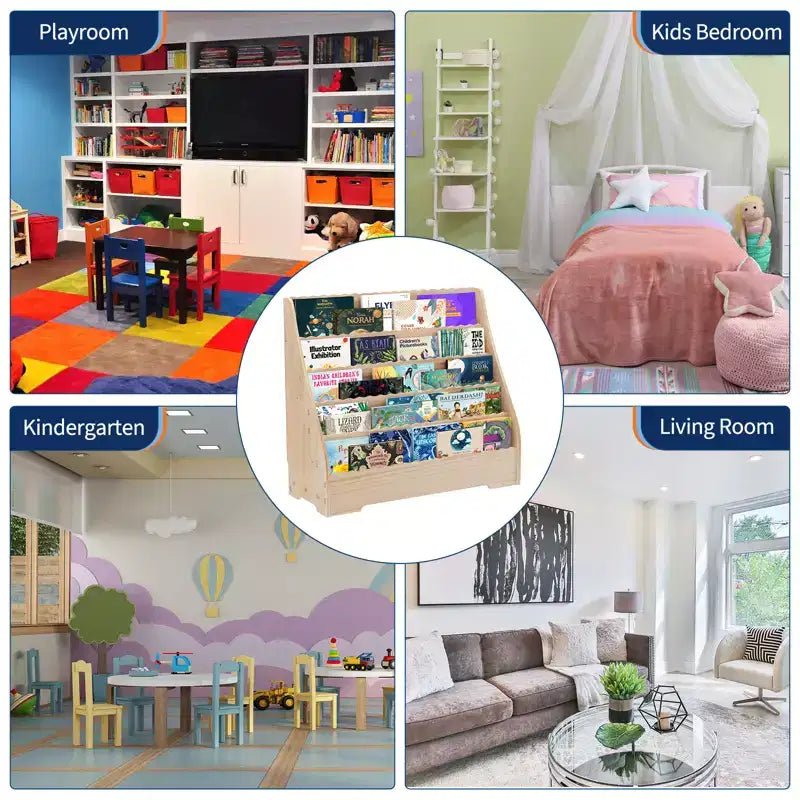 5-Tier Kids Bookshelf with Storage,Toddler Book Display Shelves, Book Rack, Multi-Functional Story Book Organizer, Painting Book Shelf for Kids Room