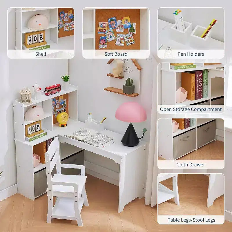 Acekool Kids L-Shaped Corner Desk and Chair Set, Study Table with Bulletin Board, Open Shelves, Storage Cabinets & Cloth Drawers, White