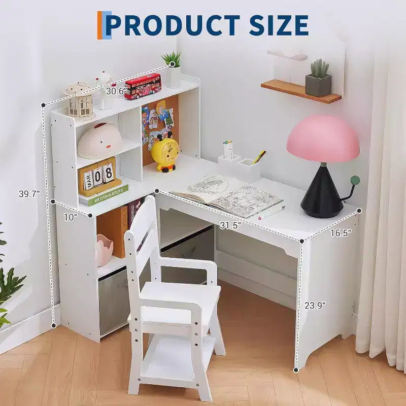 Acekool Kids L-Shaped Corner Desk and Chair Set, Study Table with Bulletin Board, Open Shelves, Storage Cabinets & Cloth Drawers, White