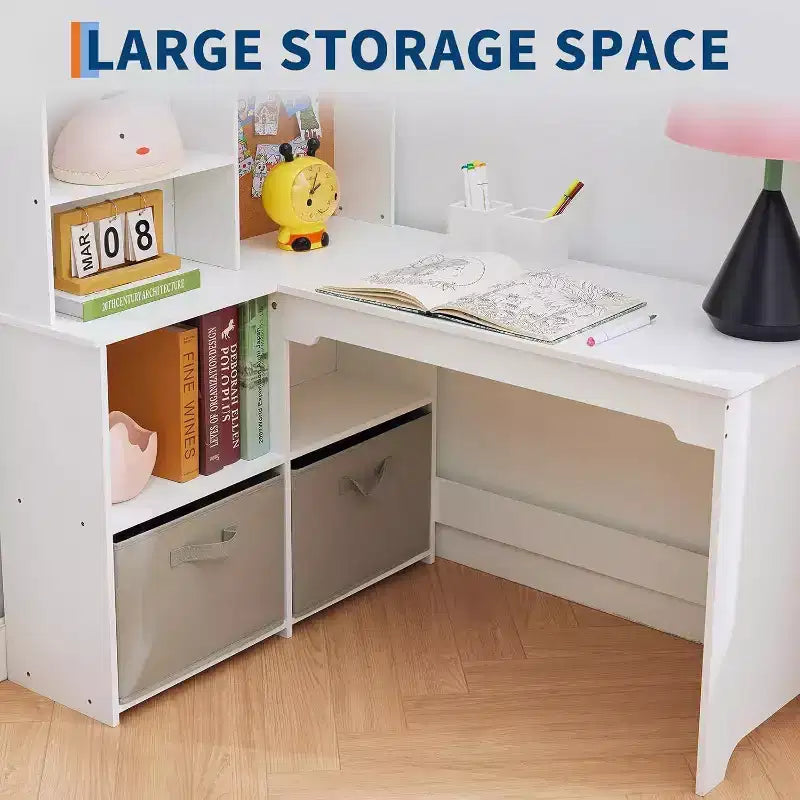 Acekool Kids L-Shaped Corner Desk and Chair Set, Study Table with Bulletin Board, Open Shelves, Storage Cabinets & Cloth Drawers, White