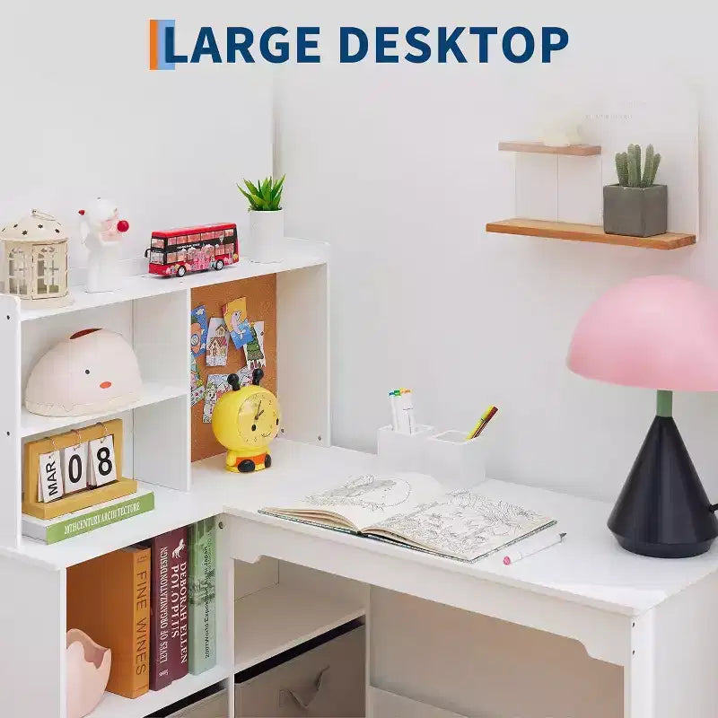 Acekool Kids L-Shaped Corner Desk and Chair Set, Study Table with Bulletin Board, Open Shelves, Storage Cabinets & Cloth Drawers, White