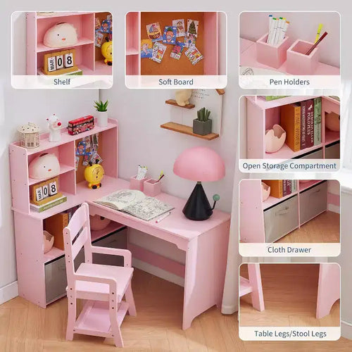 Bureau d'Angle en L et Chaise Acekool pour Enfants, Table d'Étude avec Panneau d'Affichage, Étagères Ouvertes, Meubles de Rangement et Tiroirs en Tissu, Blanc