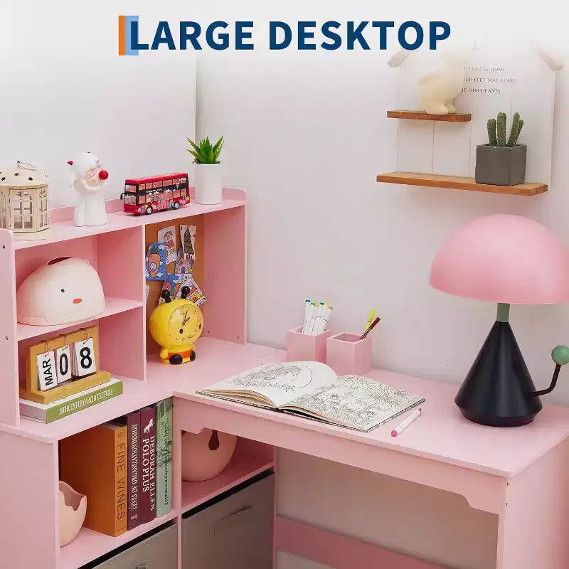 Acekool Kids L-Shaped Corner Desk and Chair Set, Study Table with Bulletin Board, Open Shelves, Storage Cabinets & Cloth Drawers, White