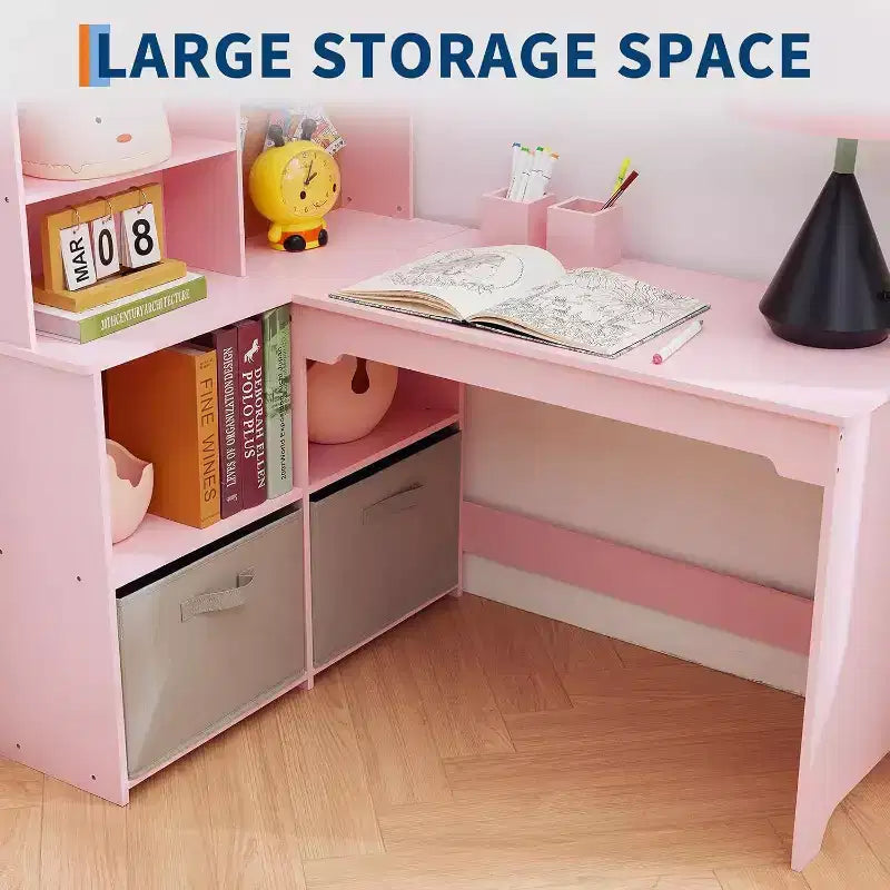 Acekool Kids L-Shaped Corner Desk and Chair Set, Study Table with Bulletin Board, Open Shelves, Storage Cabinets & Cloth Drawers, White