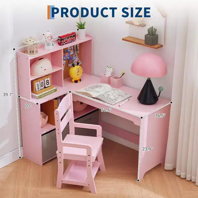 Acekool Kids L-Shaped Corner Desk and Chair Set, Study Table with Bulletin Board, Open Shelves, Storage Cabinets & Cloth Drawers, White