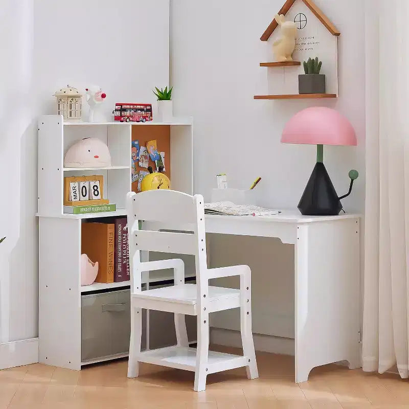 Acekool Kids L-Shaped Corner Desk and Chair Set, Study Table with Bulletin Board, Open Shelves, Storage Cabinets & Cloth Drawers, White