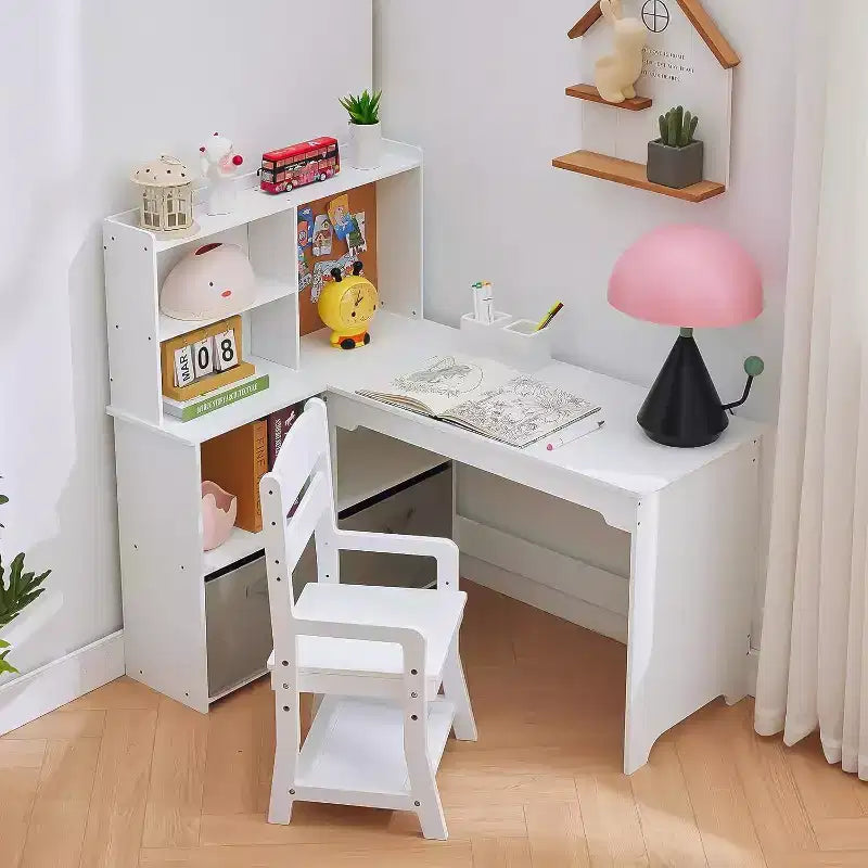 Acekool Kids L-Shaped Corner Desk and Chair Set, Study Table with Bulletin Board, Open Shelves, Storage Cabinets & Cloth Drawers, White