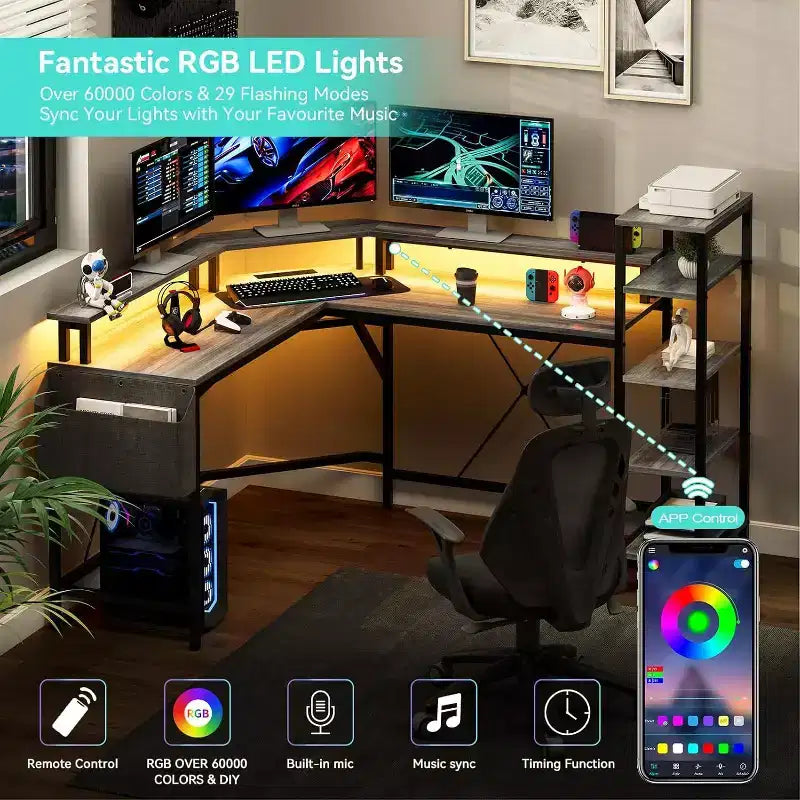 Acekool 62 L-Shaped Computer Desk with Power Outlets, LED Lights, Monitor Stand & Storage Shelves, Ergonomic Corner Desk for Home Office