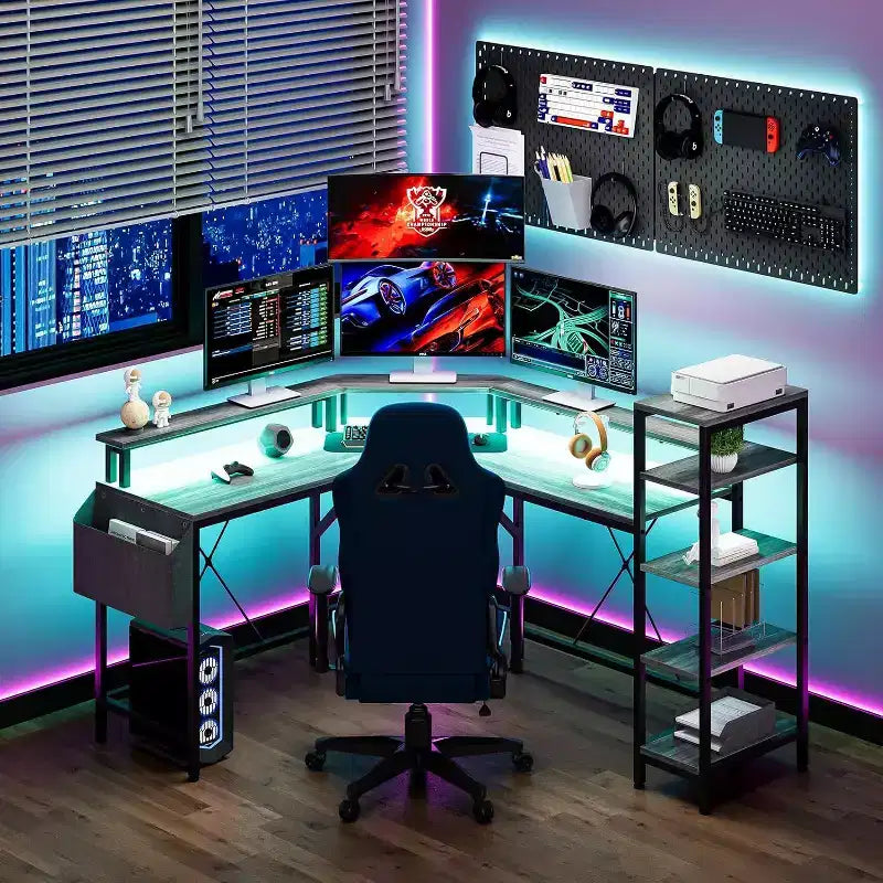 Acekool 62 L-Shaped Computer Desk with Power Outlets, LED Lights, Monitor Stand & Storage Shelves, Ergonomic Corner Desk for Home Office