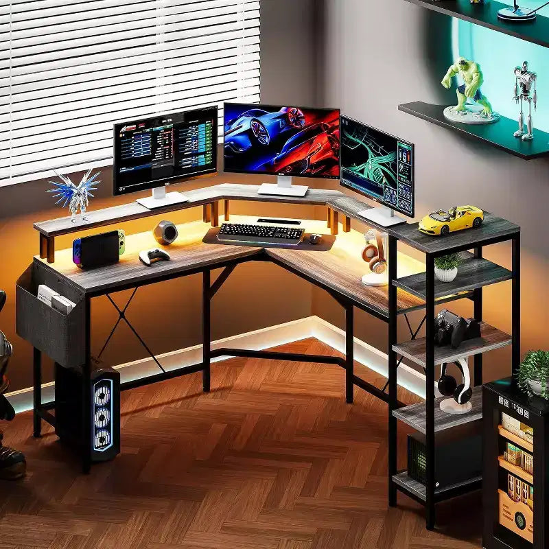 Acekool 62 L-Shaped Computer Desk with Power Outlets, LED Lights, Monitor Stand & Storage Shelves, Ergonomic Corner Desk for Home Office
