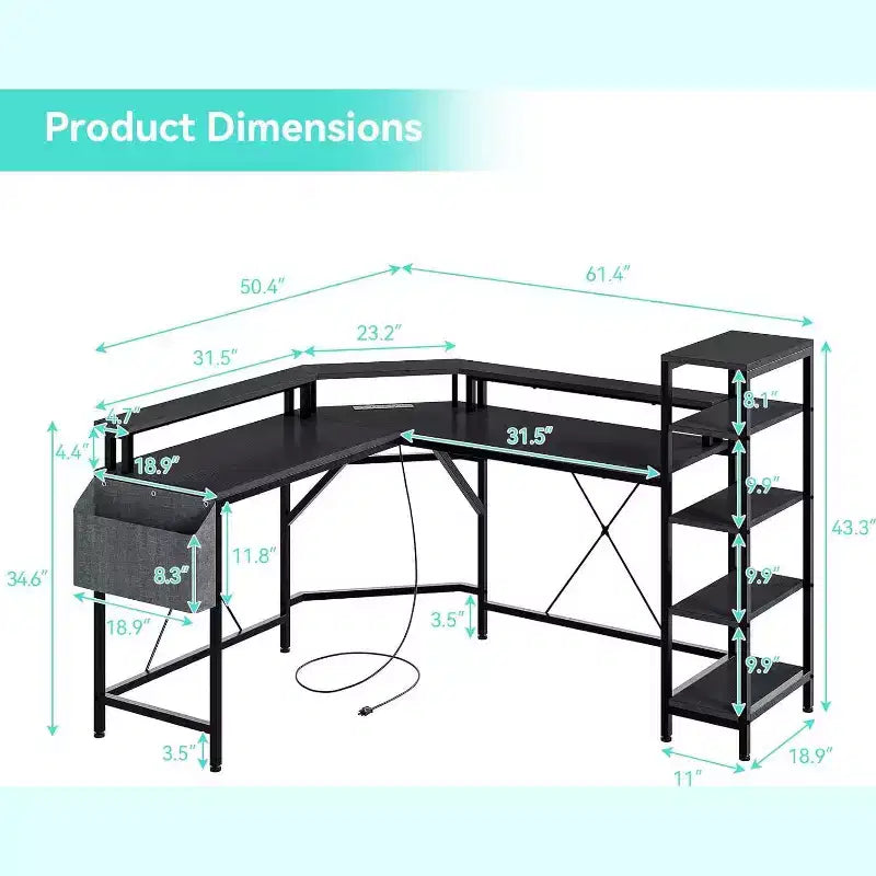 Acekool 62 L-Shaped Computer Desk with Power Outlets, LED Lights, Monitor Stand & Storage Shelves, Ergonomic Corner Desk for Home Office