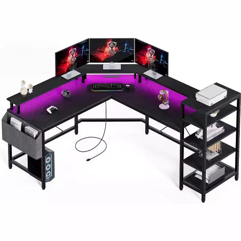 Acekool 62 L-Shaped Computer Desk with Power Outlets, LED Lights, Monitor Stand & Storage Shelves, Ergonomic Corner Desk for Home Office