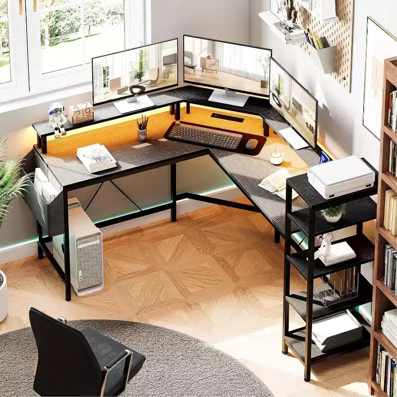 Acekool 62 L-Shaped Computer Desk with Power Outlets, LED Lights, Monitor Stand & Storage Shelves, Ergonomic Corner Desk for Home Office