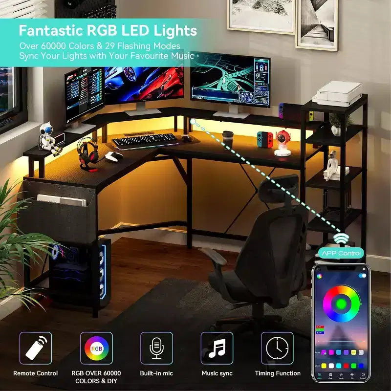 Acekool 62 L-Shaped Computer Desk with Power Outlets, LED Lights, Monitor Stand & Storage Shelves, Ergonomic Corner Desk for Home Office