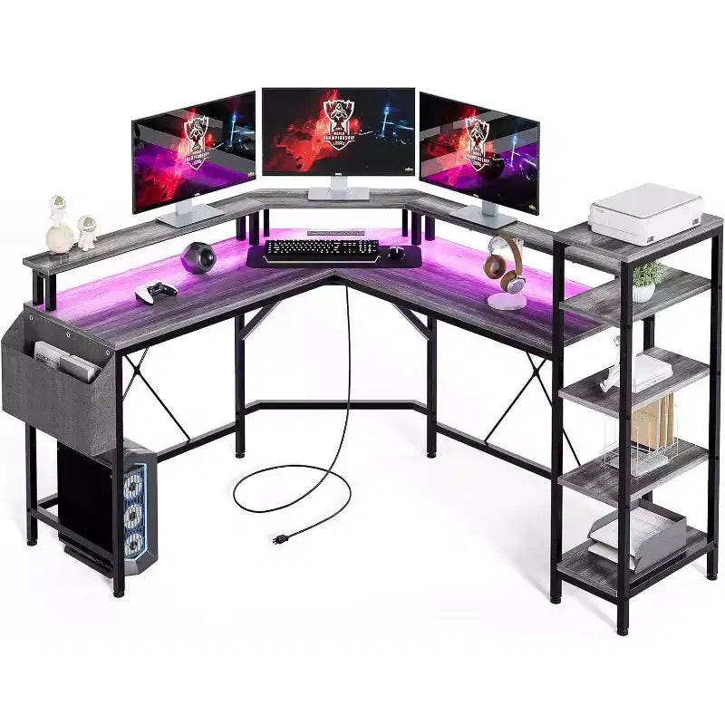 Acekool 62 L-Shaped Computer Desk with Power Outlets, LED Lights, Monitor Stand & Storage Shelves, Ergonomic Corner Desk for Home Office