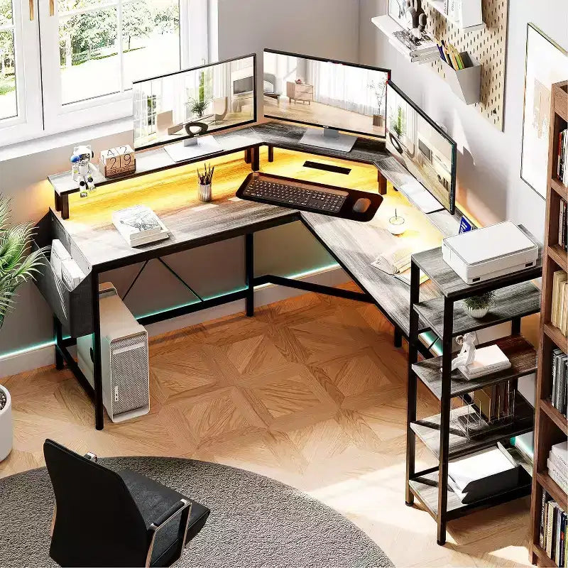Acekool 62 L-Shaped Computer Desk with Power Outlets, LED Lights, Monitor Stand & Storage Shelves, Ergonomic Corner Desk for Home Office