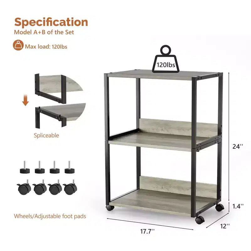 Karl Home 3-Tier Printer Stand P2 Particleboard Washed Gray Combo A+B 15.7x12x25.6 Inches