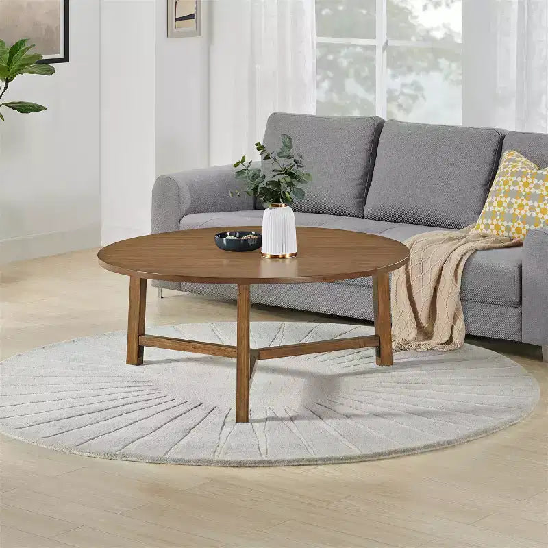 Alaterre Furniture Newbury 44-inch Round Coffee Table, Solid Wood Farmhouse Living Room Table, Pecan Finish