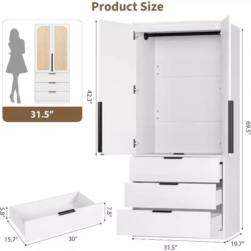Rattan Armoire Wardrobe Closet with 3 Drawers & 2 Doors, Tall Wooden Wardrobe for Hanging Clothes, Bedroom Storage Cabinet