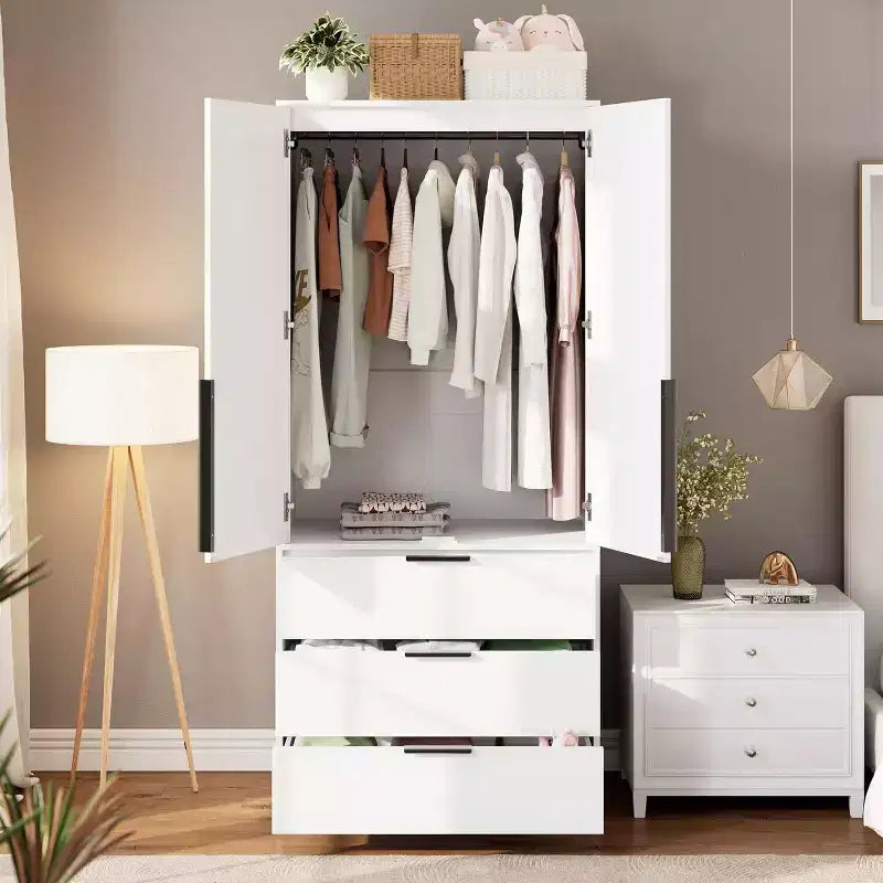 Rattan Armoire Wardrobe Closet with 3 Drawers & 2 Doors, Tall Wooden Wardrobe for Hanging Clothes, Bedroom Storage Cabinet