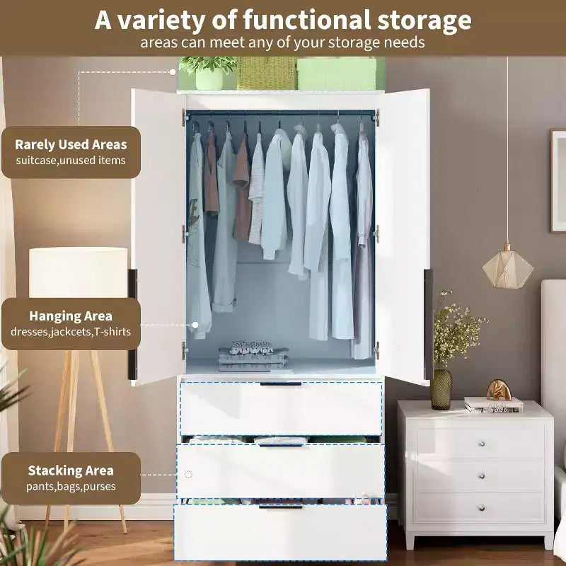 Rattan Armoire Wardrobe Closet with 3 Drawers & 2 Doors, Tall Wooden Wardrobe for Hanging Clothes, Bedroom Storage Cabinet