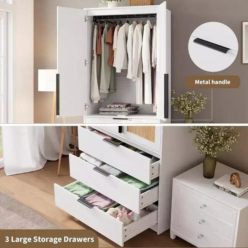 Rattan Armoire Wardrobe Closet with 3 Drawers & 2 Doors, Tall Wooden Wardrobe for Hanging Clothes, Bedroom Storage Cabinet