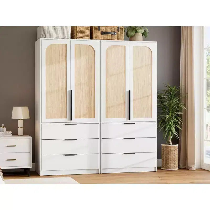 Rattan Armoire Wardrobe Closet with 3 Drawers & 2 Doors, Tall Wooden Wardrobe for Hanging Clothes, Bedroom Storage Cabinet