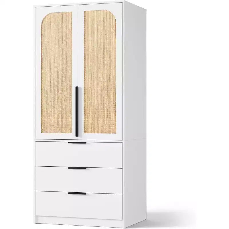 Rattan Armoire Wardrobe Closet with 3 Drawers & 2 Doors, Tall Wooden Wardrobe for Hanging Clothes, Bedroom Storage Cabinet