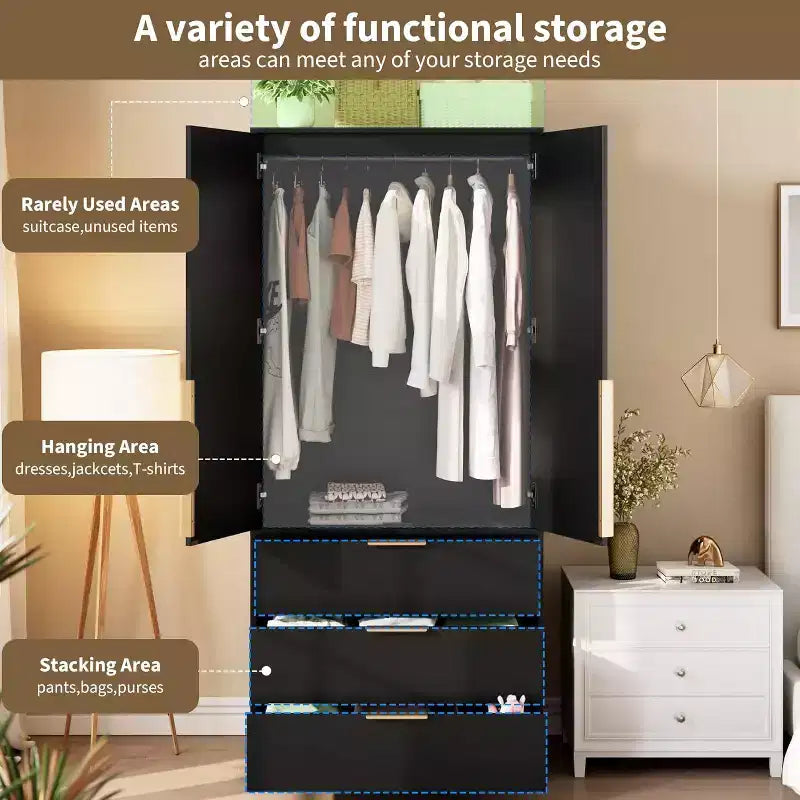 Rattan Armoire Wardrobe Closet with 3 Drawers & 2 Doors, Tall Wooden Wardrobe for Hanging Clothes, Bedroom Storage Cabinet