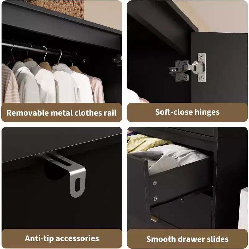 Rattan Armoire Wardrobe Closet with 3 Drawers & 2 Doors, Tall Wooden Wardrobe for Hanging Clothes, Bedroom Storage Cabinet