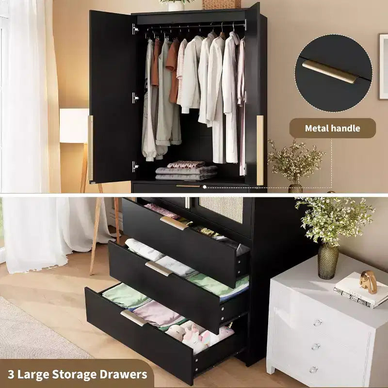 Rattan Armoire Wardrobe Closet with 3 Drawers & 2 Doors, Tall Wooden Wardrobe for Hanging Clothes, Bedroom Storage Cabinet
