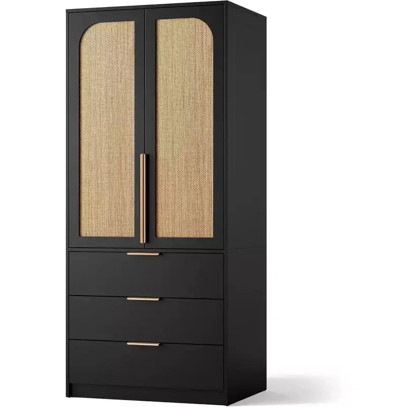 Rattan Armoire Wardrobe Closet with 3 Drawers & 2 Doors, Tall Wooden Wardrobe for Hanging Clothes, Bedroom Storage Cabinet