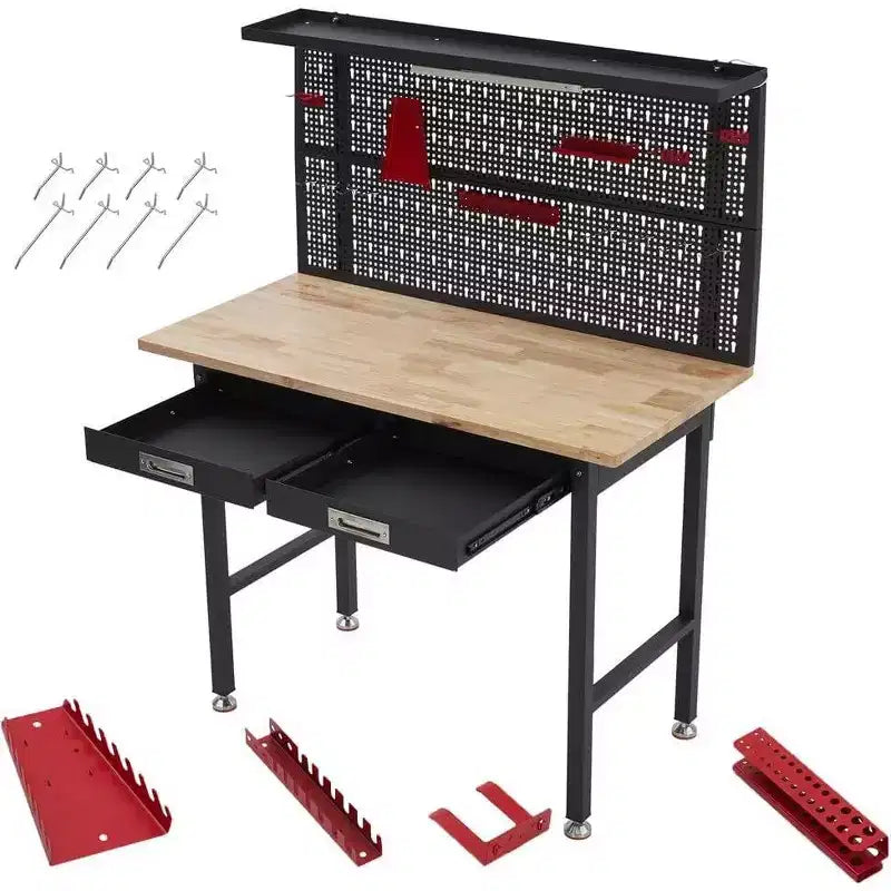 Banco da lavoro da garage da 48" con pannello forato, presa elettrica e cassetti, legno resistente