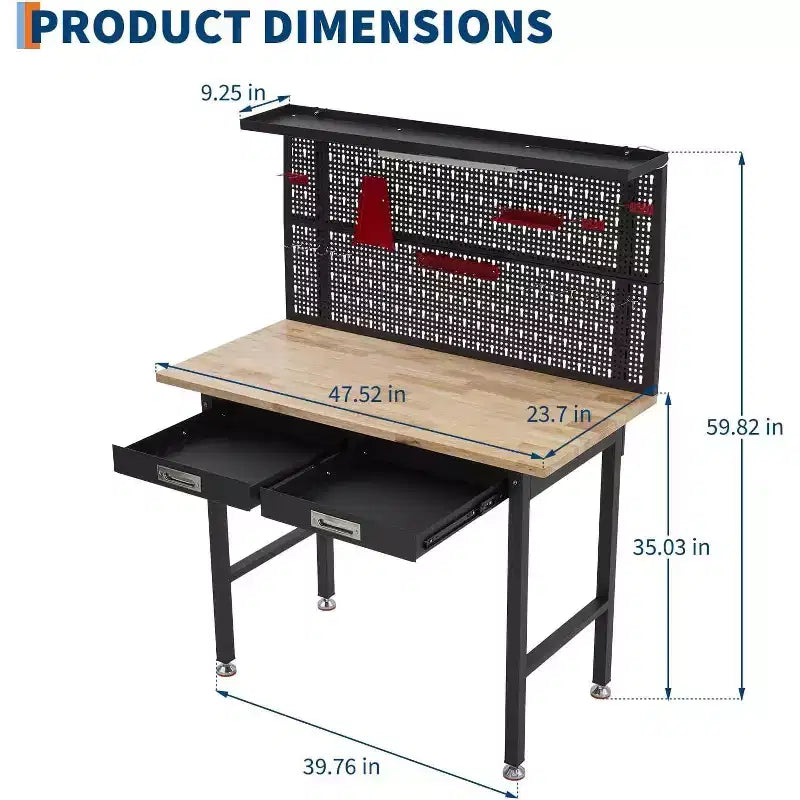 Banco da lavoro da garage da 48" con pannello forato, presa elettrica e cassetti, legno resistente