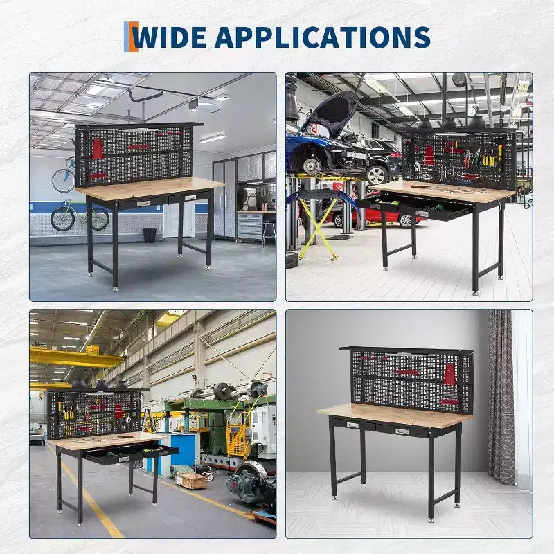 Banco da lavoro da garage da 48" con pannello forato, presa elettrica e cassetti, legno resistente