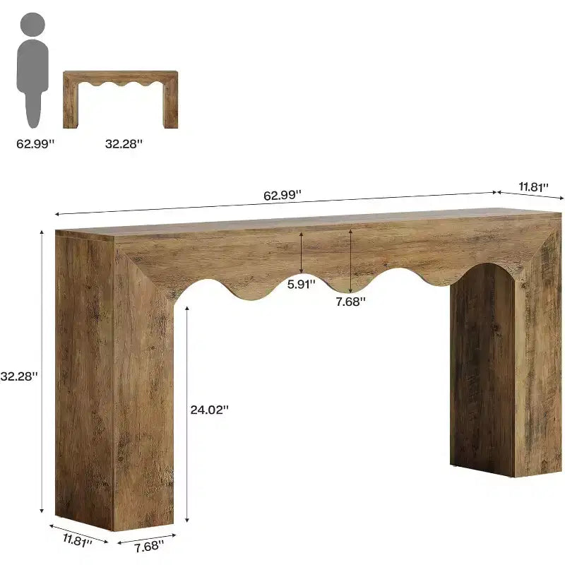 Consolle da divano stile rustico, 63" (160 cm), in legno massiccio con 2 ripiani, per ingresso
