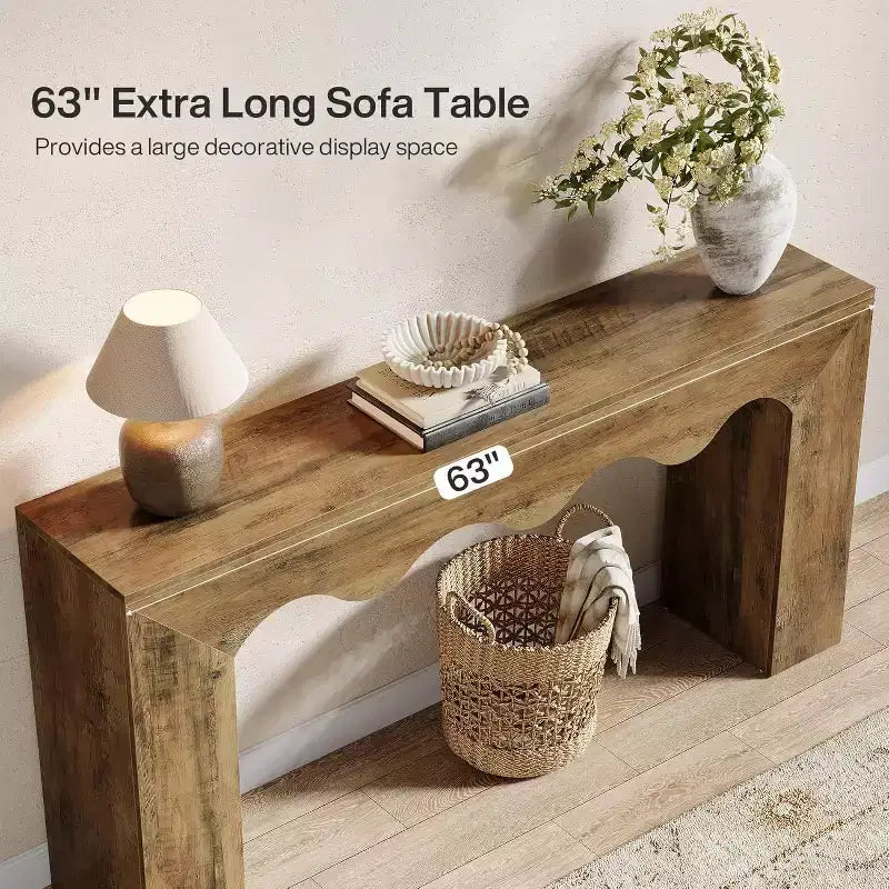 Consolle da divano stile rustico, 63" (160 cm), in legno massiccio con 2 ripiani, per ingresso