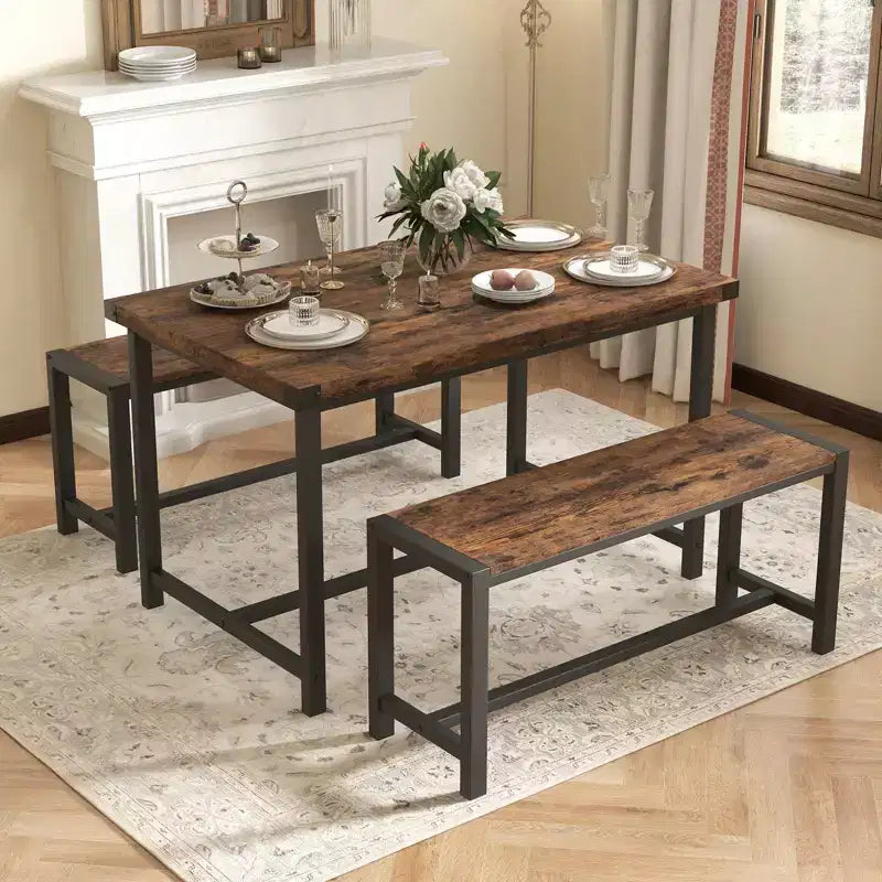 COZONY 3-Piece Dining Table Set for 4, Wood Kitchen Table with 2 Benches, Space-Saving Dinette Furniture for Small Spaces & Apartments