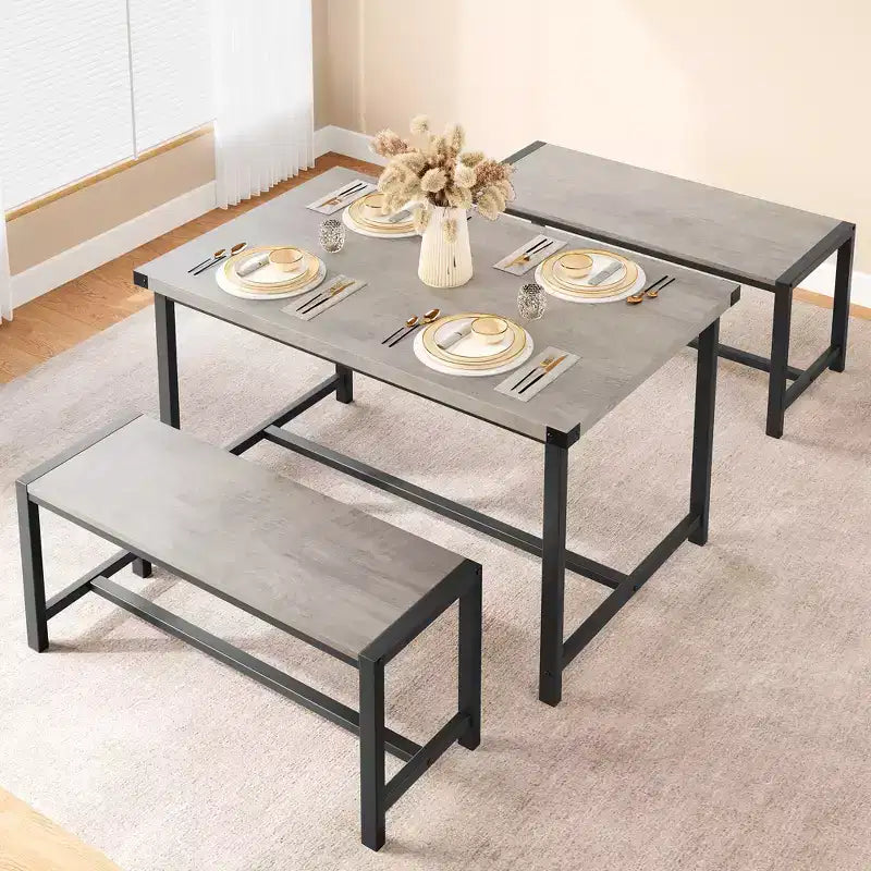 COZONY 3-Piece Dining Table Set for 4, Wood Kitchen Table with 2 Benches, Space-Saving Dinette Furniture for Small Spaces & Apartments