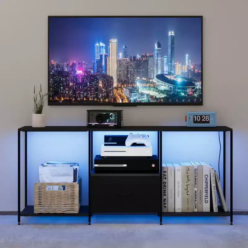 46 TV Stand with LED, Entertainment Center for 55 TVs, TV Cabinet with Storage Shelves, Long Dresser, for Bedroom, Living Room, Office,black