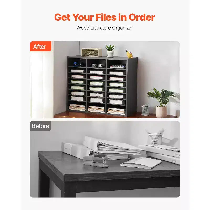 VEVOR Literature Organizer, 24 Compartments Office Mailbox with Adjustable Shelves, Wooden Mailbox Sorter Medium Density Fiberboard, Grey