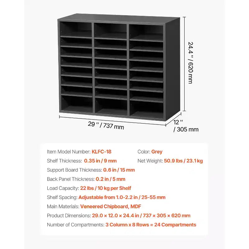 VEVOR Literature Organizer, 24 Compartments Office Mailbox with Adjustable Shelves, Wooden Mailbox Sorter Medium Density Fiberboard, Grey