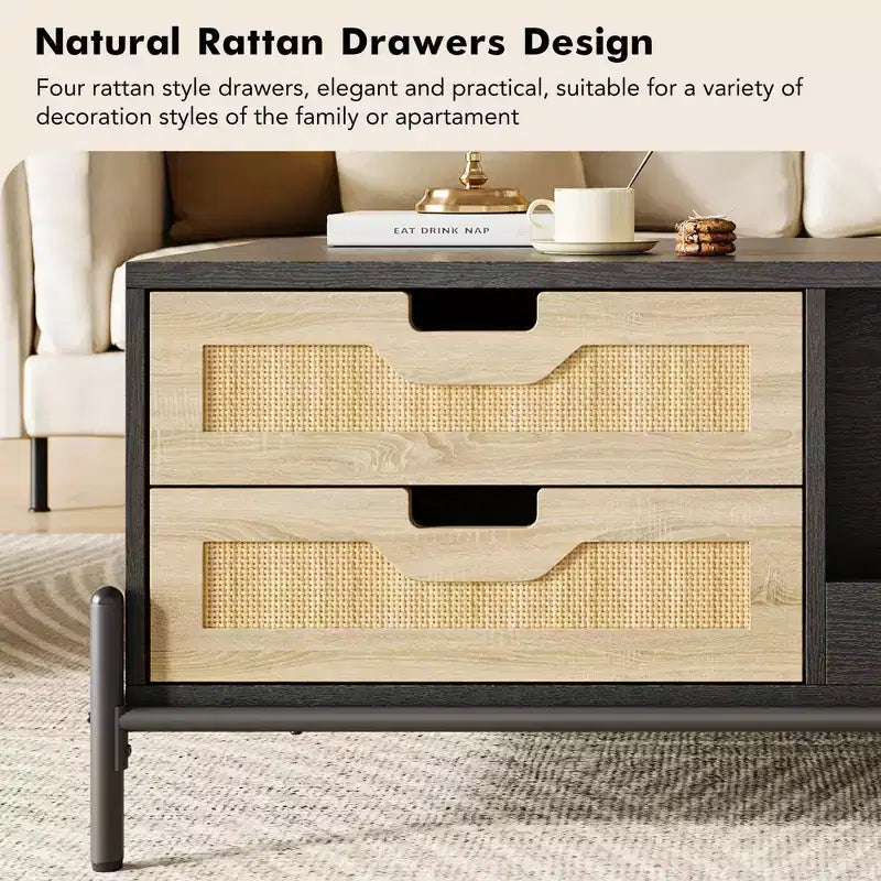 Rattan Mid Century Modern Coffee Table with LED Lights, 4 Drawers and Open Storage Shelf, Wooden Farmhouse Living Room Table
