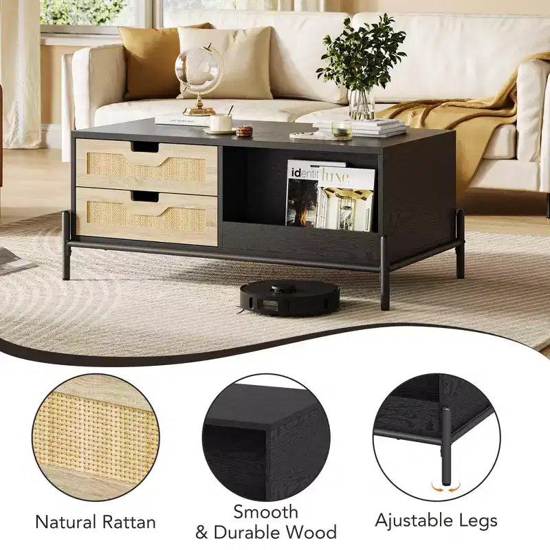 Rattan Mid Century Modern Coffee Table with LED Lights, 4 Drawers and Open Storage Shelf, Wooden Farmhouse Living Room Table