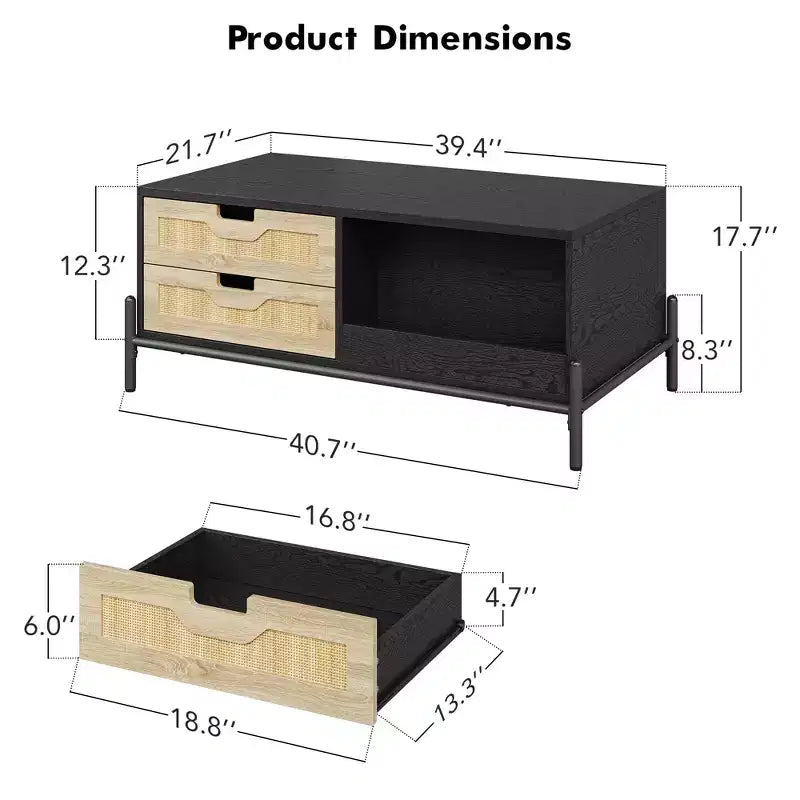 Rattan Mid Century Modern Coffee Table with LED Lights, 4 Drawers and Open Storage Shelf, Wooden Farmhouse Living Room Table