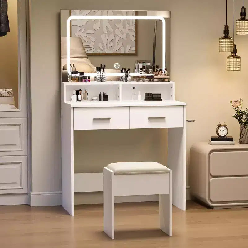 Vanity Set with 3-Color Adjustable LED Mirror, Small Makeup Desk with Power Outlet and 2 Drawers, Modern Dressing Table and Cushion Stool Set